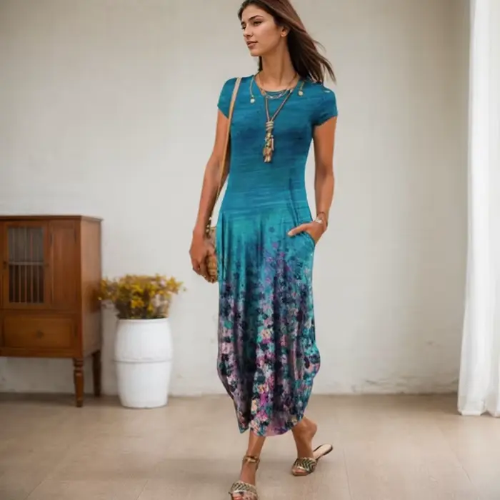 Robe mi-longue à imprimé floral vintage pour femmes, pull à manches courtes, robes longues avec poches, robe d'été de plage bohème, col rond, occassions spéciales, cadeau pour femme