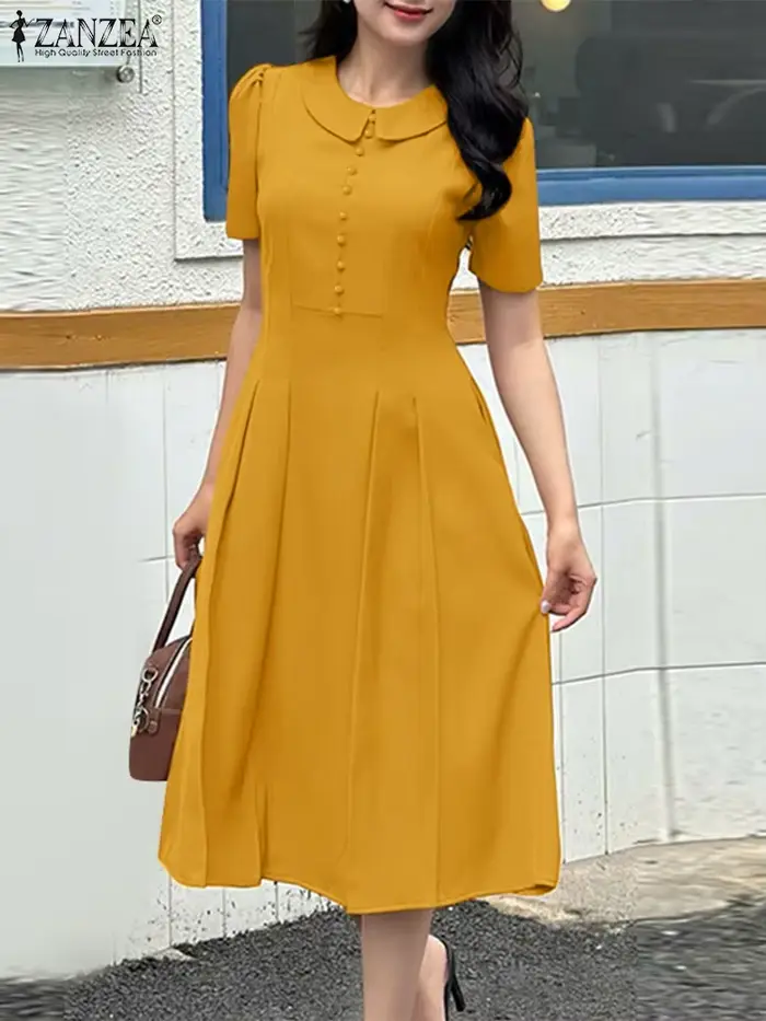 Robe d'été ZANZEA élégante à manches courtes pour femmes occasions spéciales polyester mi-mollet style bureau femme