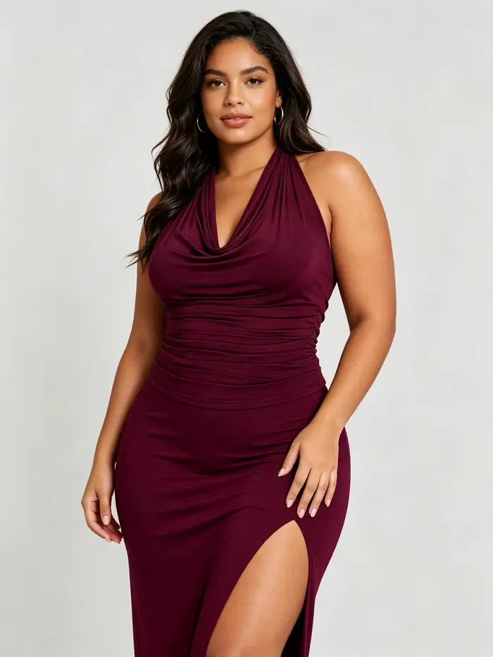 Ensemble 2 pièces bordeaux grande taille pour femme : haut court drapé à licou et jupe midi moulante