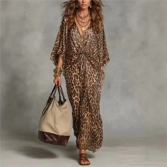 Nouvelle Robe 2026 Imprimé Léopard Ample Col en V Élégante Simple Polyvalente Tempérament Unique Confortable Tendance Vestidos