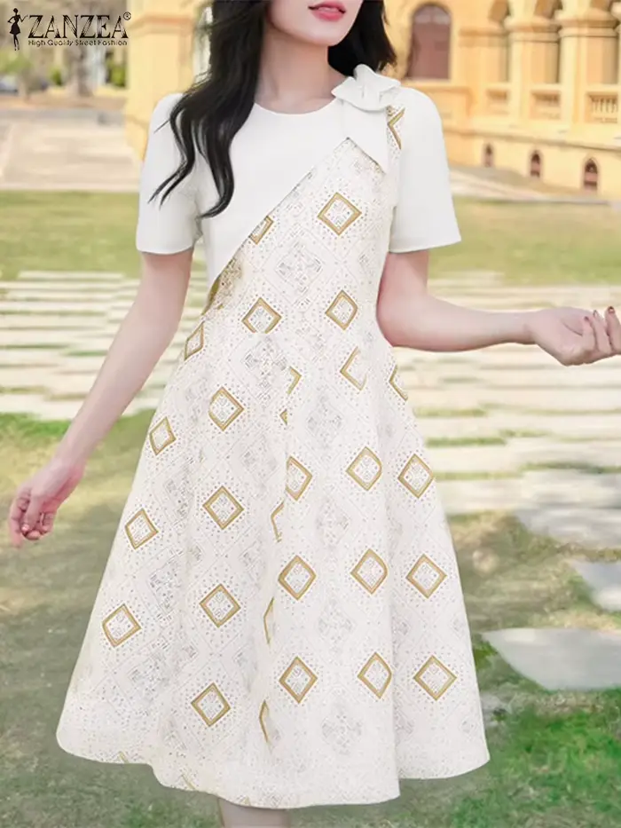 ZANZEA élégant OL Robe mi-longue femmes été robes 2025 Vintage à manches courtes imprimé nœud
