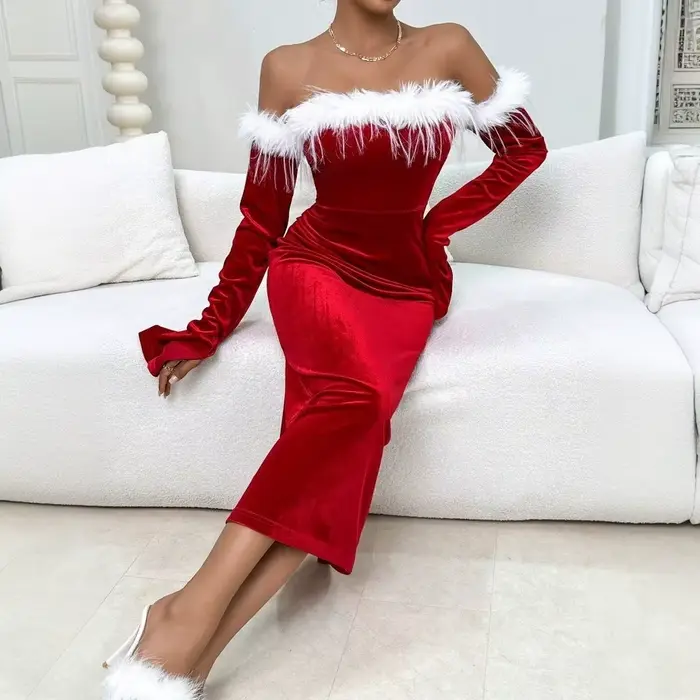 Robe de Noël rouge sexy pour femme style bureau dame en polyester à col en V et drapé élégant pour automne hiver