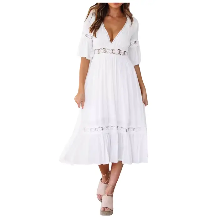 Robe en polyester décontractée avec décolleté en V et dentelle pour femmes, idéale pour les mariages, les soirées et les vacances
