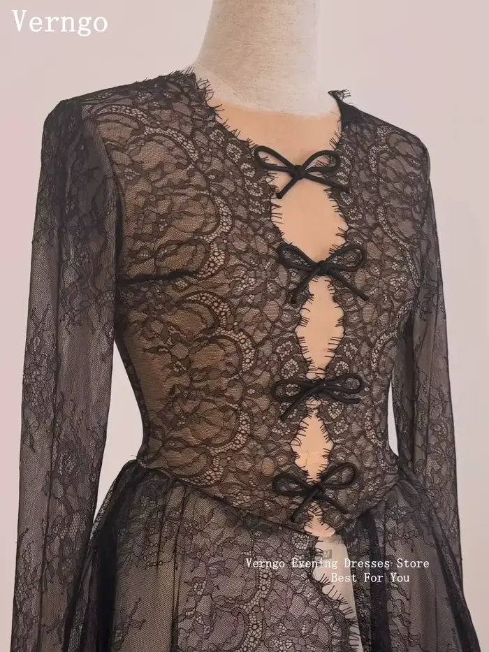 Robe de soirée de luxe en dentelle Verngo col rond illusion manches longues coupe trapèze pour bal de promo et fêtes personnalisable occassions spéciales