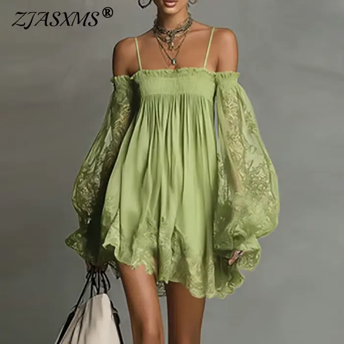 Robe bohème printemps femme élégante à épaules dénudées dentelle creuse manches bouffantes volants coupe trapèze mini robe décontractée pour fête et vacances d'été