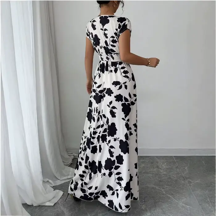 Robes pour femmes 2026 – Nouvelle robe longue imprimée à manches courtes et col en V avec laçage