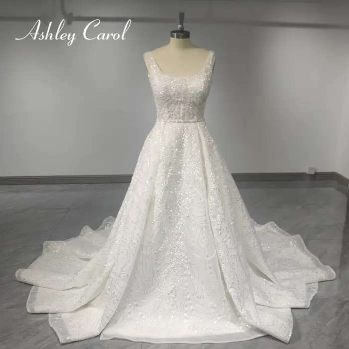 Ashley Carol-Robes de mariée A-Line, Bretelles, Col carré, Paillettes, Rotterdam, Tulle, Robe de mar