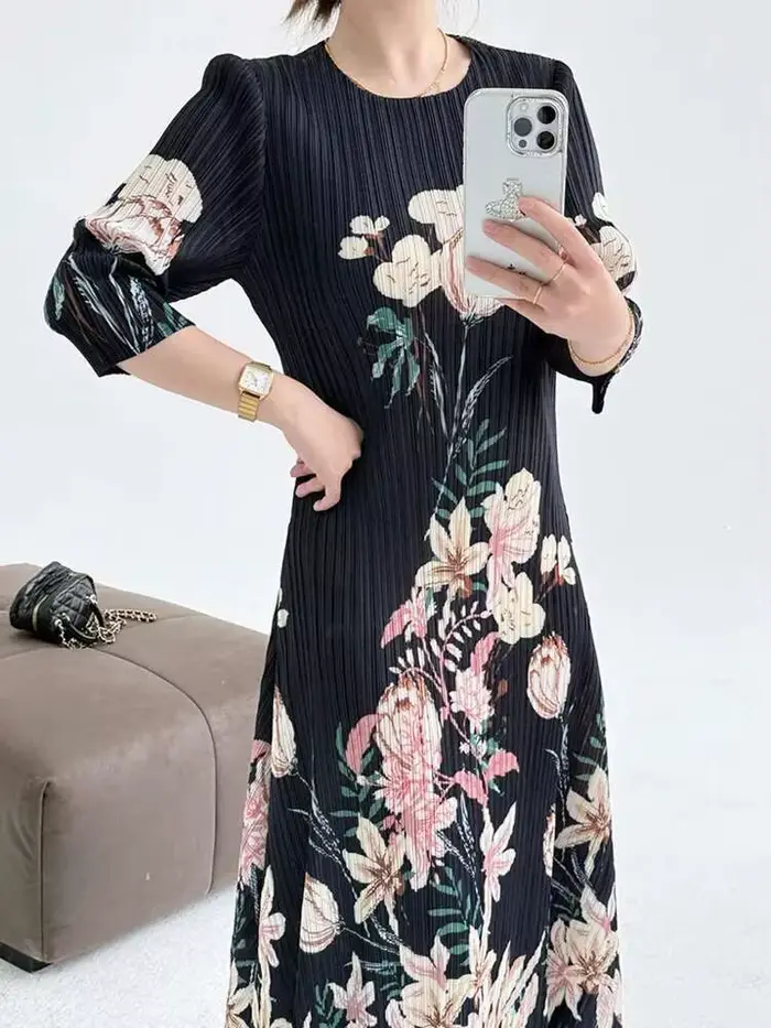Robe LANMREM en polyester imprimée vintage col rond pour femmes occasions spéciales printemps été