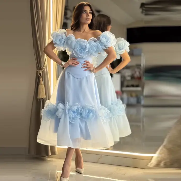 Robes d'anniversaire bleu ciel clair à fleurs, épaules dénudées, longueur cheville, ensembles deux p
