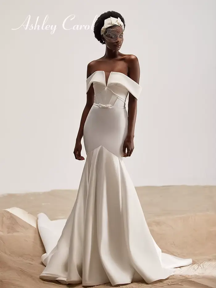 Ashley Carol robes De mariée sirène pour les femmes Sexy épaules nues robes De mariée Satin col bate
