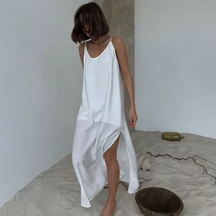 Linad été décontracté blanc robe longue Sexy ample dos nu robes fendues femme rue Chic col en V robe