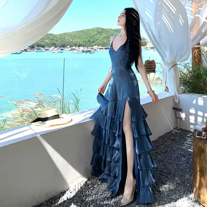 Robe longue de plage à volants et dos nu pour femme, sans manches, à fines bretelles, coupe ajustée 