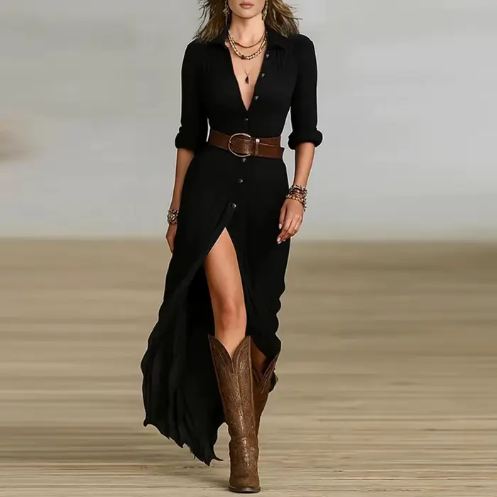 Femme robes 2025 nouveau français rétro col en V ceinturé mince plissé longue robe automne simple boutonnage à manches