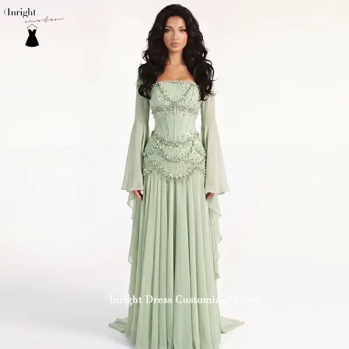 Robes de bal personnalisées Inright à manches longues, sans bretelles, longueur ras du sol, plissées, avec perles, robes de soirée, robes de fête formelles