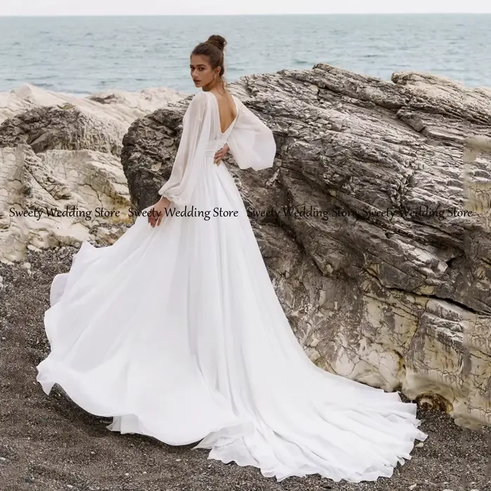Jiayigong plage robe de mariée pour les femmes personnalisé à manches longues col en V dentelle haute fente Sexy robes