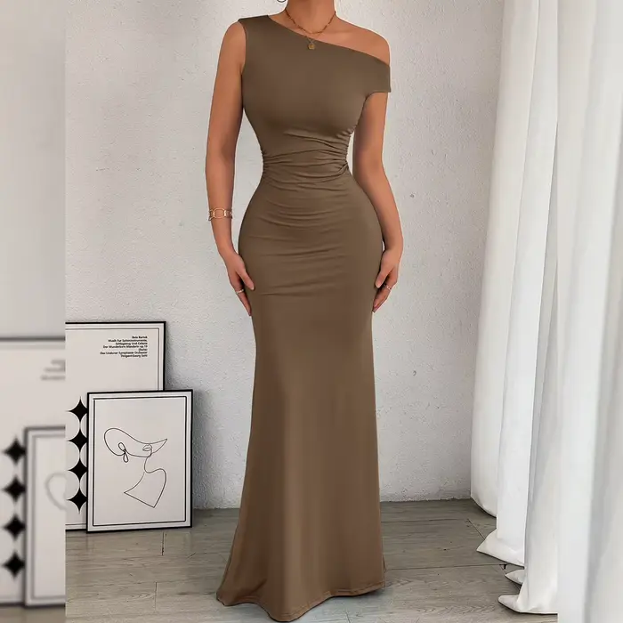 Robe sirène pour femme, col épaules dénudées, taille plissée, sans manches, robe sexy
