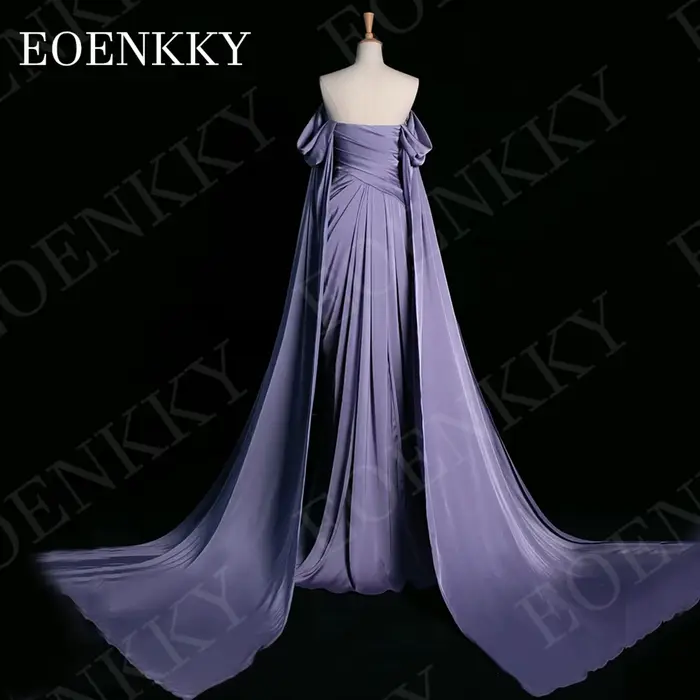 Robe de soirée EOENKKY épaules dénudées violette élégante coupe trapèze en satin plissé pour bal de promo avec manches