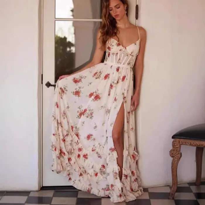 Robe longue imprimée pour vacances à la plage