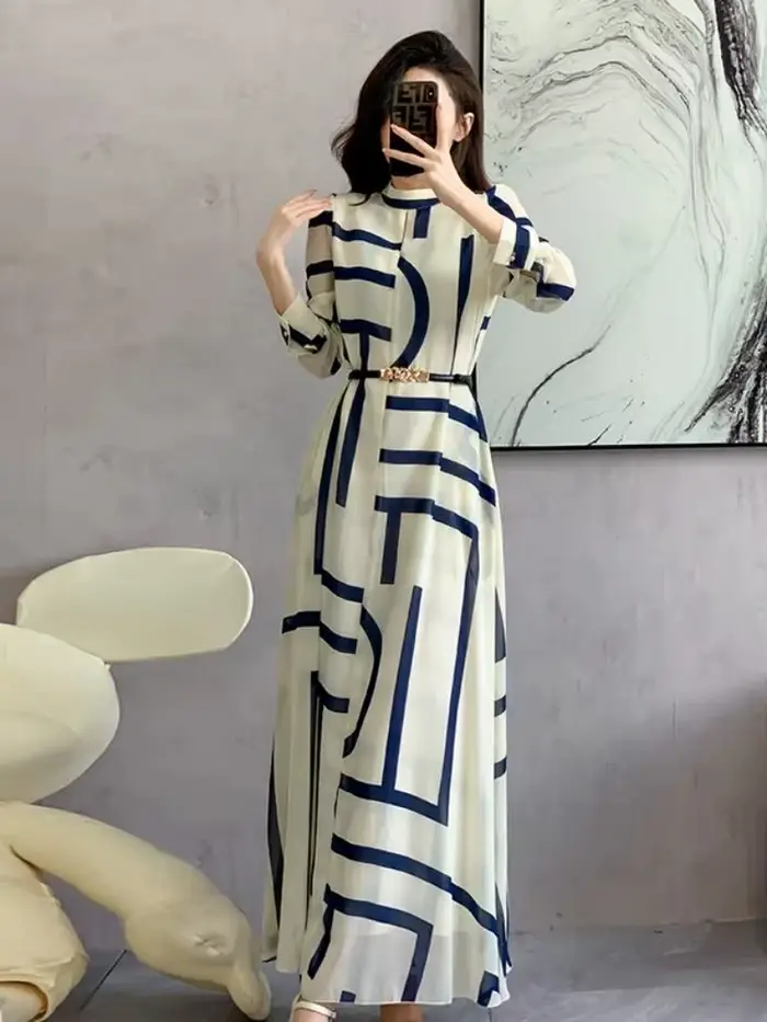 Robe géométrique en mousseline de soie pour femmes, décontractée, silhouette trapèze, imprimé moderne, tour de taille empire, printemps été