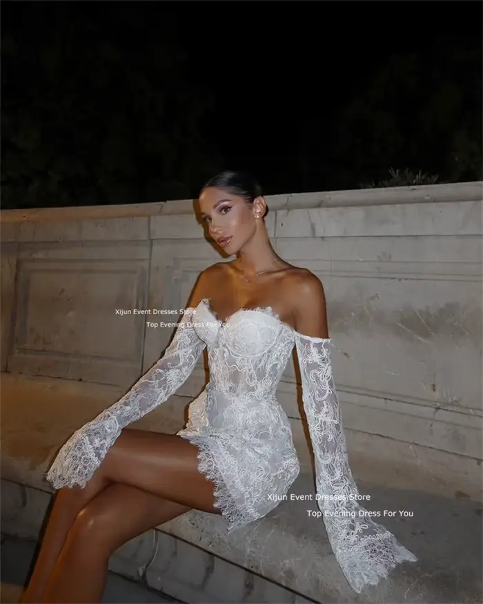 Xijun-Robe de Mariée Courte en Dentelle à Manches en Cœur
