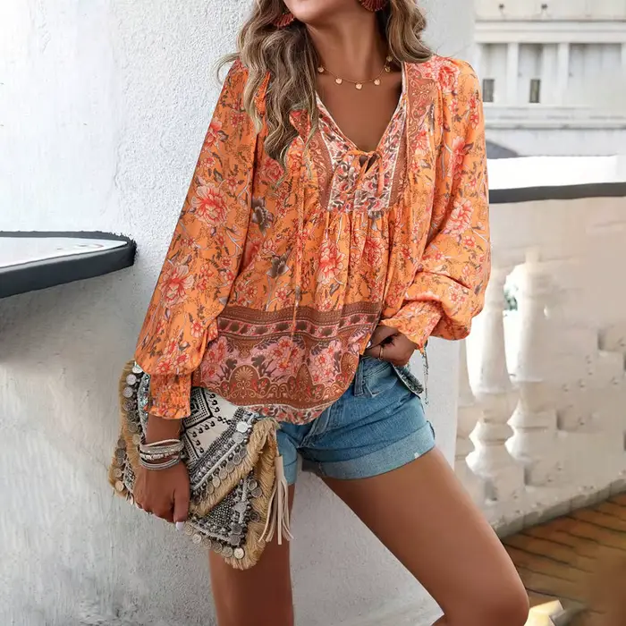 2025 printemps et été bohème vacances Style coton imprimé à lacets à manches longues chemise haute p