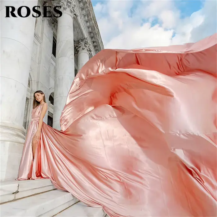 Robes de soirée en satin or rose ROSES, robes de gala à col en V profond, robes de bal à traîne over