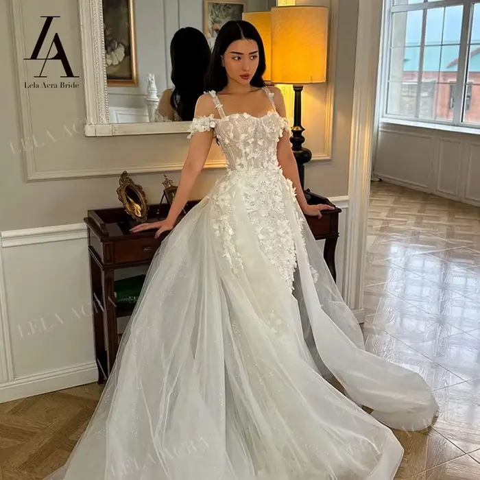2 en 1 chérie robe de mariée sirène 2026 brillant 3D fleurs princesse