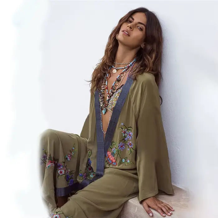 Robes Boho Hippie Chic Vintage broderie florale Cardigan plage voyage 2019 Kimono paréo à manches lo
