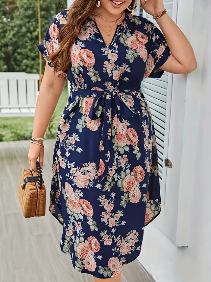 Grande taille été femmes robe élégante vacances Vintage imprimé fleuri décontracté col en V à lacets