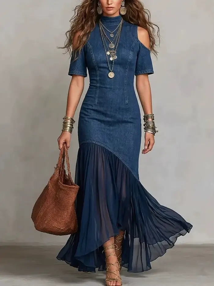 Robe longue élégante en jean pour femme, à manches courtes, col montant, avec empiècements en mousse