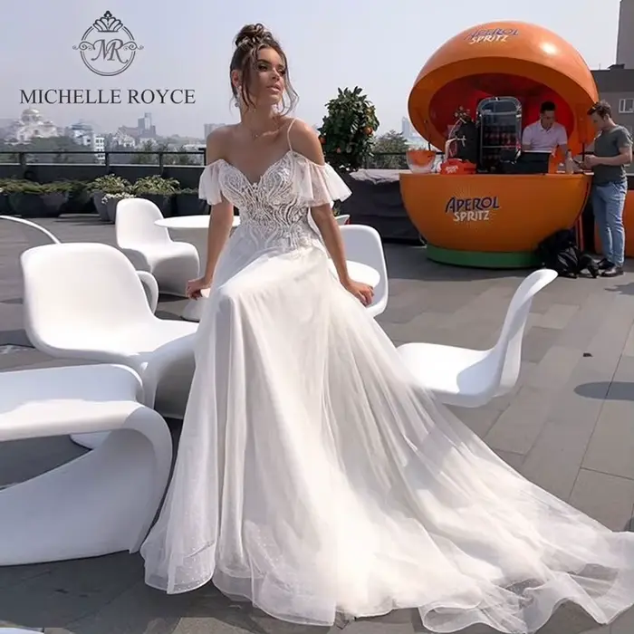 Michelle Royce a-ling robes De mariée Sexy chérie perles volants dos nu chapelle Train robes De mari