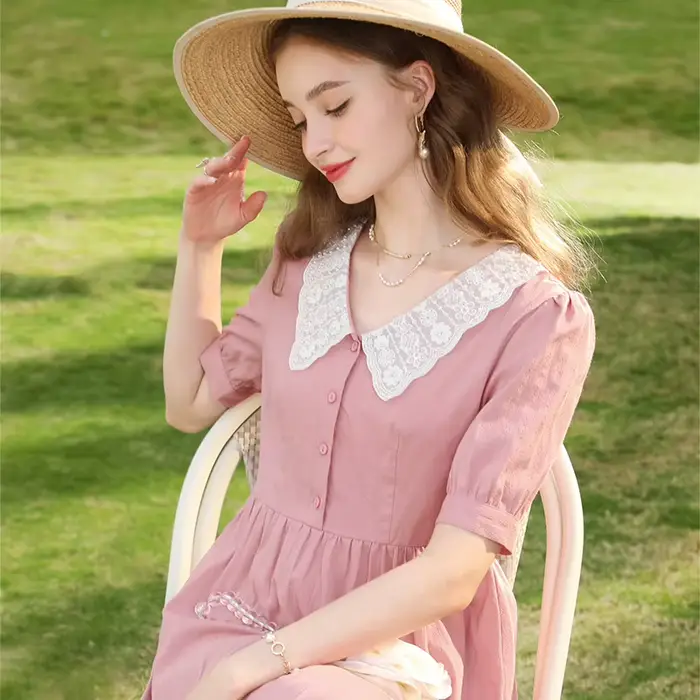 I BELIEVE YOU-Robe en dentelle rose, 2023 coton, coupe couvertes, col claudine, ligne A, manches bou