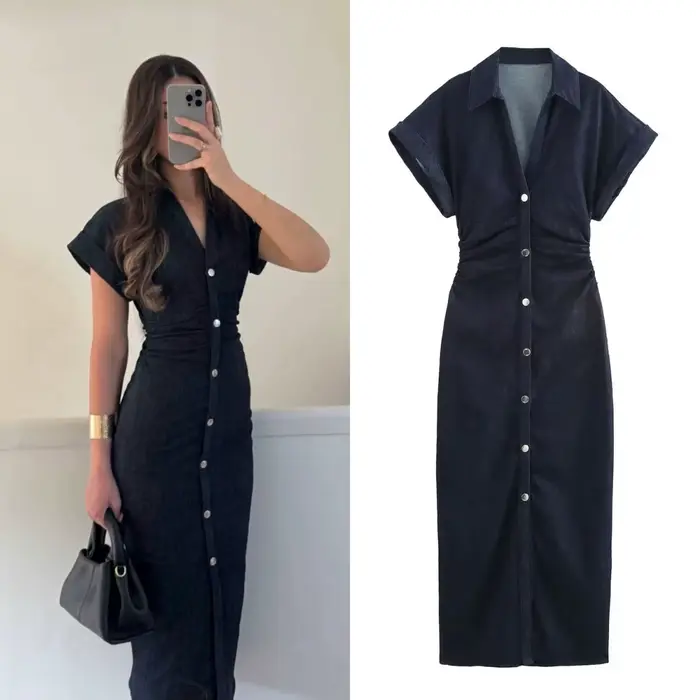ETJ 2025 printemps nouvelle série 1975 robe MIDI en denim avec revers côté fermeture éclair mode rides taille mince