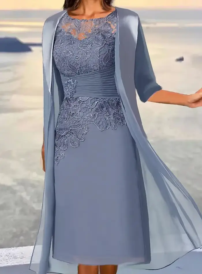 Robes mère de la mariée mi-longues bleu poussiéreux