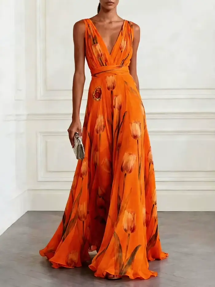 Robe longue élégante en mousseline de soie à col en V profond