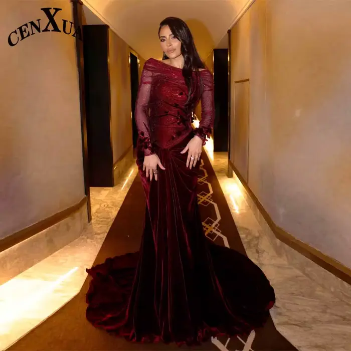 CENXUAN – robe De soirée élégante, col rond, avec Appliques, manches cape, style sirène, longue plissée, robes De soirée personnalisées