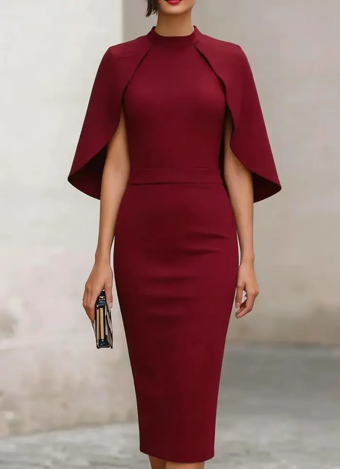 Robe midi élégante à col haut et manches cape ajustée pour femme