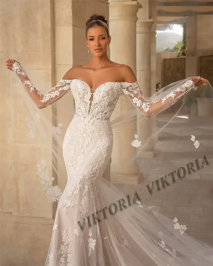 Robe de mariée sirène Viktoria avec col bateau et manches amovibles pour femmes, appliques exquises, disponible en blanc et ivoire pour futures mamans et cérémonies importantes