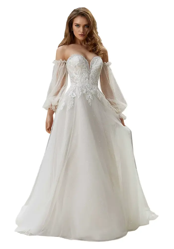 Robe de mariée en Tulle, épaules dénudées, avec des appliques en dentelle, robe de princesse bouffan