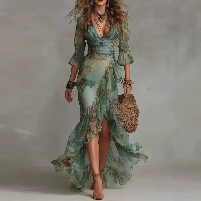 Robes longues asymétriques imprimées pour femmes, col en V, manches 3/4 à volants, taille froncée, f
