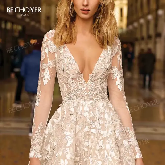 Robe de mariée col en V manches longues coupe trapèze magnifique traîne courte 2026 Princesse BECHOYER EZ56 personnalisée Vestido De Noiva