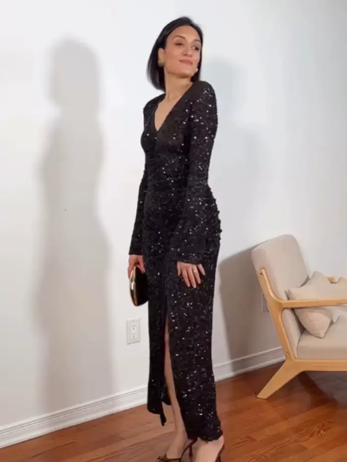 Robe sexy col V en polyester avec paillettes pour femmes, élégante et cintrée, pour occasions spéciales et événements formels