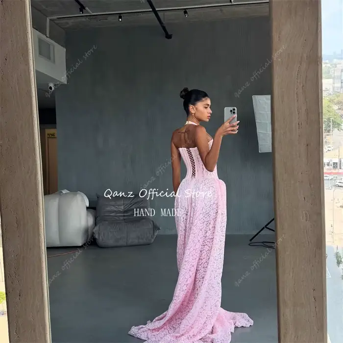 Qanz rose pleine dentelle Appliques Robes De Soirée élégant longue Train Pageant robe pour les femmes dos nu