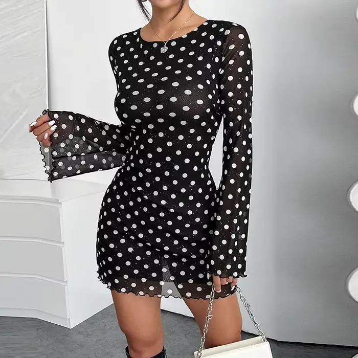Robe noire Sexy imprimée à pois pour femmes