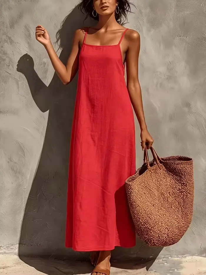 Nouvelle Robe Longue Droite Ample en Lin Français pour Femme, Col Carré Rouge Rétro, en Lin Texturé Sélectionné Anti-Humidité