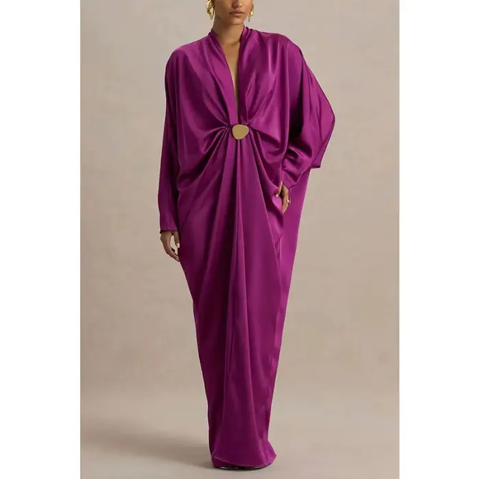 Robe longue de cocktail élégante en satin pour femme, col en V profond, manches chauve-souris, fronc