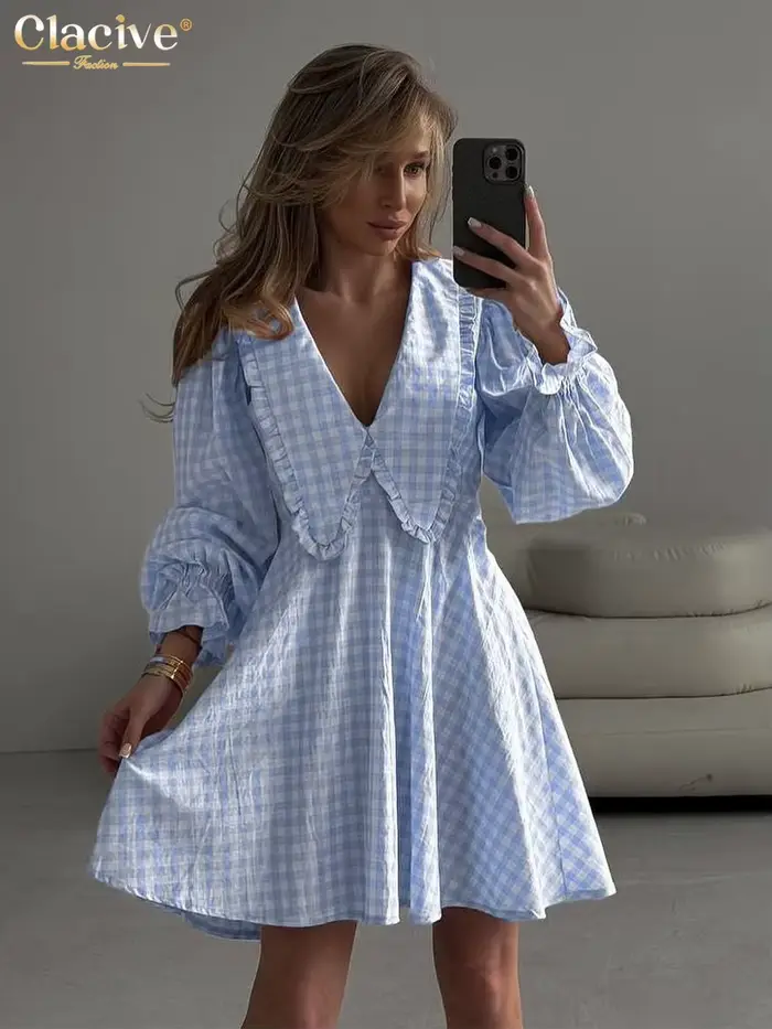 ClacMarkets-Mini robe en coton à carreaux pour femmes, col beurre élégant, manches longues, bureau, 