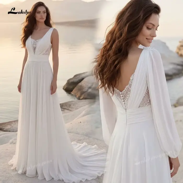 Robe de mariée bohème romantique en dentelle perlée, avec manches longues bouffantes détachables, en