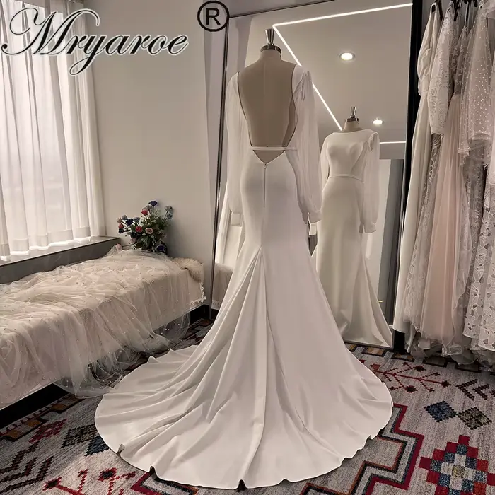 Mryarce robes de mariée extensibles minimalistes longues manches en Tulle plissées dos nu robes de m
