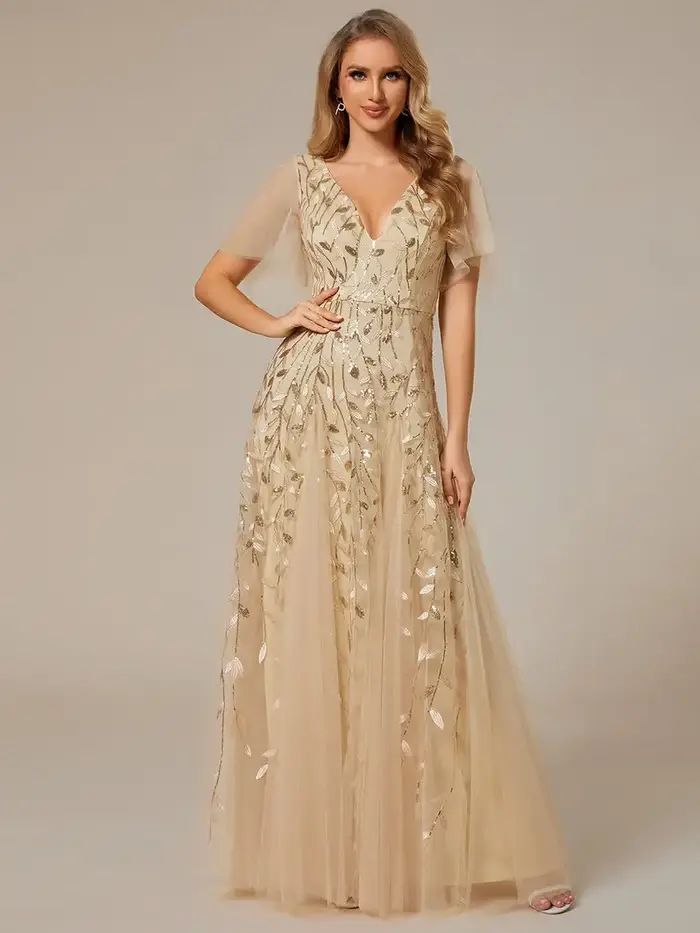 Robe de soirée élégante col en V profond manches à volants demoiselle d'honneur occassions spéciales soirée officielle